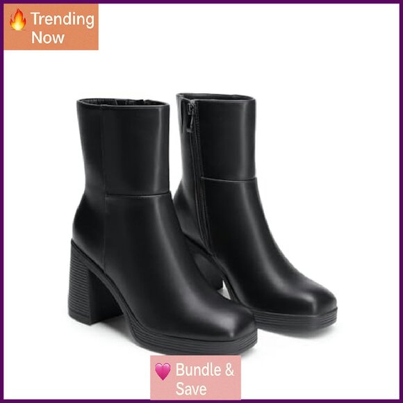 Women's Platform Ankle Boots Chunky Heels Square Toe Side Zipper Party - Picture 4 of 8